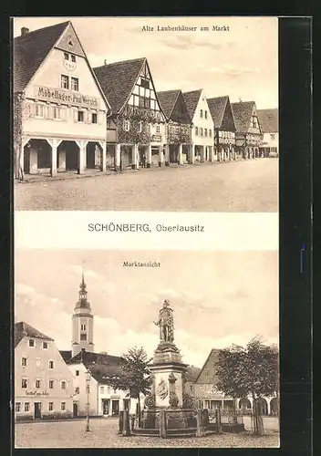 AK Schönberg / Oberlausitz, Alte Laubenhäuser am Markt, Marktpartie mit Denkmal
