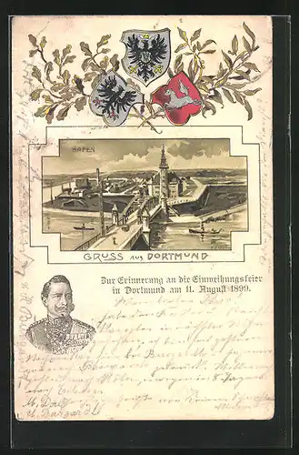 Passepartout-Lithographie Dortmund, Erinnerung an die Einweihung 1899, Hafen mit Dampfer aus der Vogelschau, Wappen
