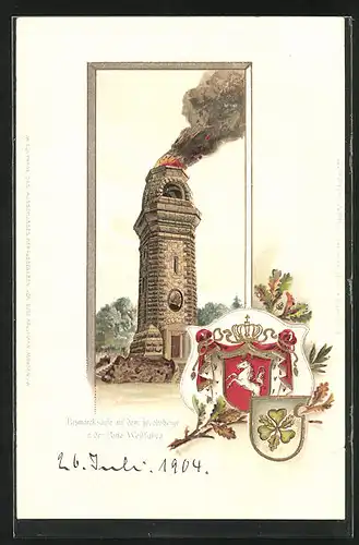 Passepartout-Lithographie Porta-Westfalica, Bismarcksäule auf dem Jacobsberge, Wappen