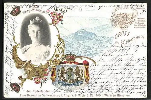 Lithographie Schwarzburg / Thüringen, Gasthaus Zum weissen Hirschen, Königin Wilhelmina der Nederlanden