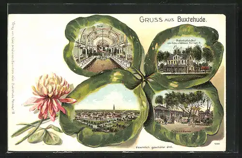 Passepartout-Lithographie Buxtehude, Ansichten vom Bahnhofshotel auf Kleeblatt