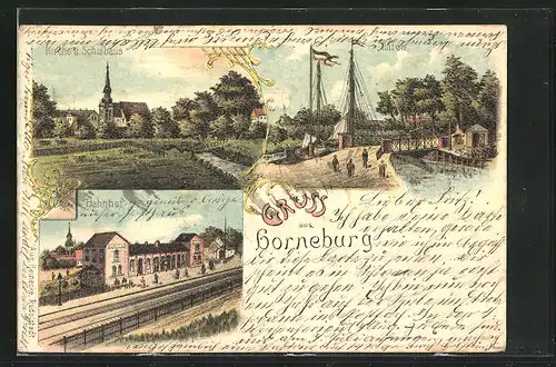 Lithographie Horneburg, Bahnhof von der Gleisseite, Hafen