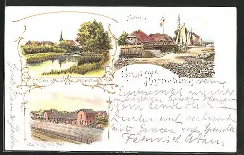 Lithographie Horneburg, Bahnhof mit Post, Hafen, Kirche und Schule