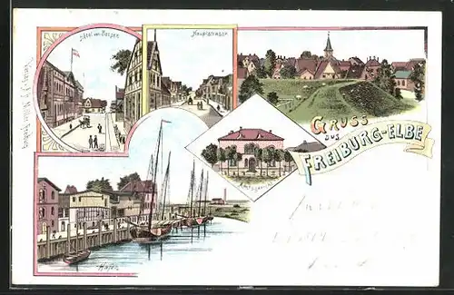 Lithographie Freiburg /Elbe, Hotel von Bargen, Hauptstrasse, Hafen