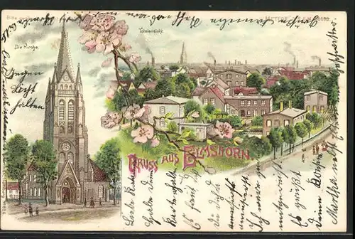 Lithographie Elmshorn, Ansicht der Kirche, Totalansicht der Stadt