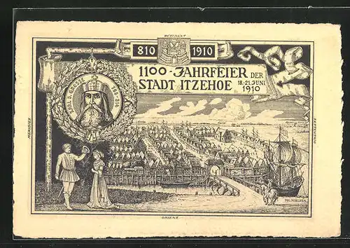Künstler-AK Itzehoe, Festpostkarte zur 1100 Jahrfeier der Stadt 1910