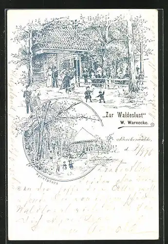 Lithographie Brockeswalde, Gasthaus Zur Waldeslust, Bes. W. Warnecke, Spielplatz