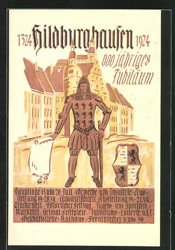 Künstler-AK Hildburghausen, Festpostkarte zum 600 jähr. Jubiläum 1324-1924, Ritter mit Wappen in der Stadt