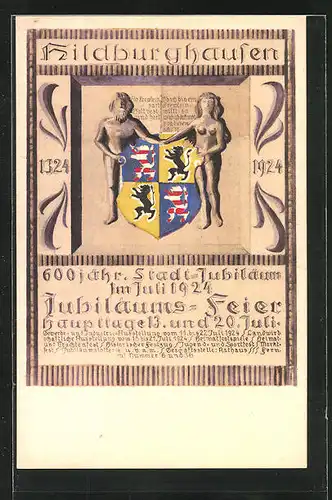 Künstler-AK Hildburghausen, Festpostkarte zum 600 jähr. Stadtjubiläum 1324-1924, nackte Figuren an einem Wappen