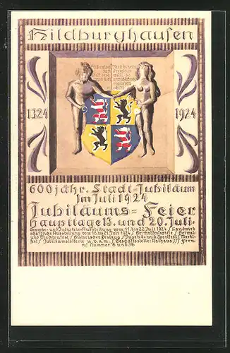 Künstler-AK Hildburghausen, Festpostkarte zum 600 jähr. Stadtjubiläum 1924, nackte Figuren an einem Wappen