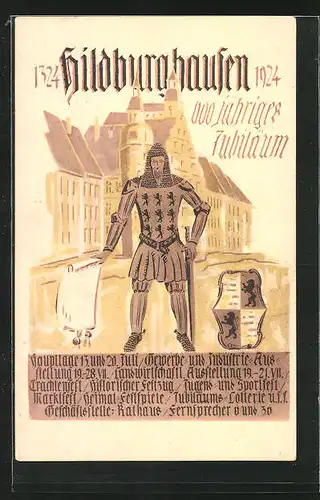 Künstler-AK Hildburghausen, Festpostkarte zum 600 jähr. Jubiläum 1324-1924, Ritter mit Wappen in der Stadt