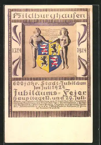 Künstler-AK Hildburghausen, Festpostkarte zum 600 jähr. Stadtjubiläum 1924, nackte Figuren an einem Wappen