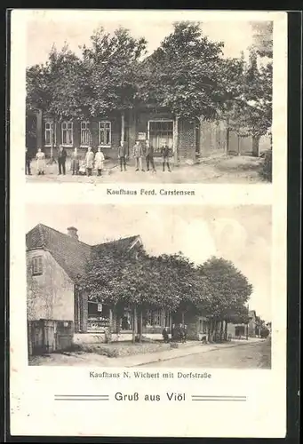 AK Viöl, Kaufhäuser von Ferd. Carstensen und N. Wichert, Dorfstrasse