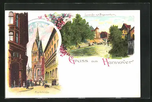 Lithographie Hannover, Leinufer mit Bergwinenturm, Marktkirche