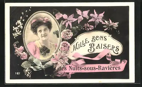 AK Nuits-sous-Ravieres, Mille Bons Baisers, Frauenportrait mit Blumenschmuck