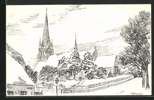 Künstler-AK Sonderborg, Totalansicht von der Kirche