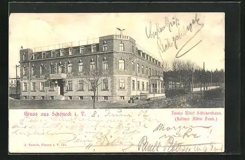 AK Schöneck i. V., Funks Hotel Schützenhaus, Aussenansicht