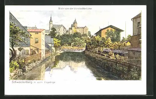Künstler-AK Schwarzenberg i. Erzgeb., Blick von der Vorstadtbrücke