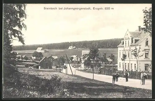 AK Steinbach i. Erzgeb., Passanten auf der Strasse nach Johanngeorgenstadt