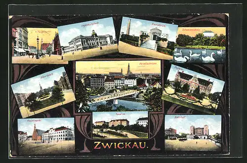 AK Zwickau i. Sa., Hauptmarkt, Ingenieurschule, Krematorium, Schwanenschloss, Postamt