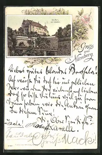 Lithographie Nürnberg, Burg von Westen