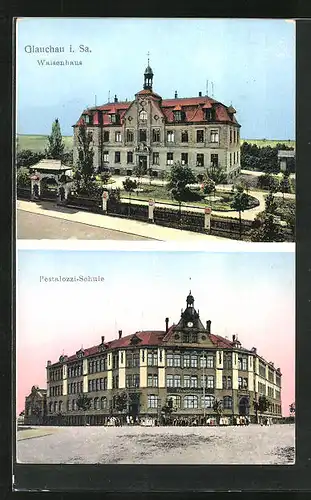 AK Glauchau / Sachsen, Waisenhaus aus der Vogelschau, Pestalozzi-Schule im Dämmerungslicht