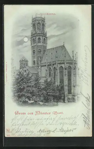 Mondschein-AK Münster i. Westf., Ludgeri-Kirche