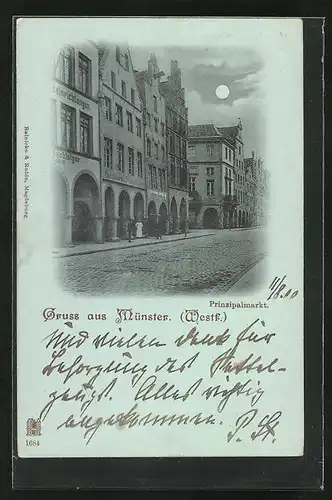 Mondschein-AK Münster i. Westf., Teilansicht Prinzipalmarkt