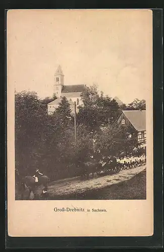AK Gross-Drebnitz i. S., Blick auf die Kirche
