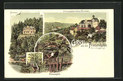 Lithographie Hartenstein i. Erzgeb., Prinzenhöhle, Forsthaus und Schönburg'sches Schloss
