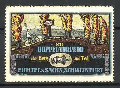 Reklamemarke Doppel-Torpedo Fahrradnabe, Fichtel & Sachs, Schweinfurt, Radfahrer auf einem Waldweg