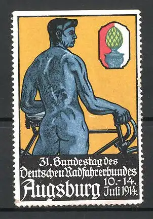 Reklamemarke Augsburg, 31. Bundestag des Deutschen Radfahrerbundes 1914, nackter Sportler am Fahrrad, Wappen
