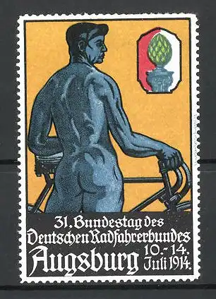Reklamemarke Augsburg, 31. Bundestag des Deutschen Radfahrerbundes 1914, nackter Sportler am Fahrrad, Wappen