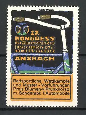 Reklamemarke Ansbach, 23. Kongress der Allg. Radfahrer Union 1912, Teilansicht Fahrrad