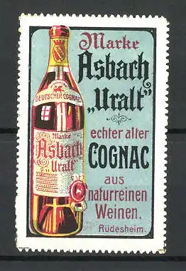 Reklamemarke Asbach Uralt ist echter alter Cognac, Rüdesheim, Ansicht einer Cognacflasche