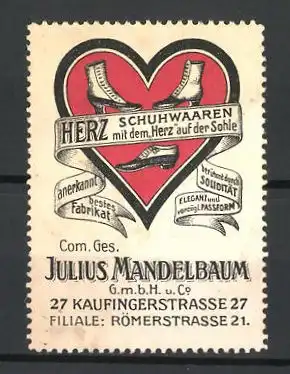 Reklamemarke Herz Schuhwaren mit dem Herz auf der Sohle, Julius Mandelbaum GmbH, Kaufingerstr. 27, Schuhe im Herz