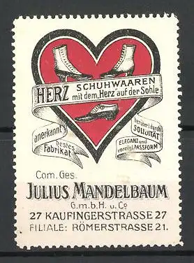 Reklamemarke Herz Schuhwaren mit dem Herz auf der Sohle, Julius Mandelbaum GmbH, Kaufingerstr. 27, Schuhe im Herz