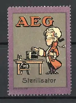 Reklamemarke AEG Sterilisator, Mann mit Gerät am Tisch stehend