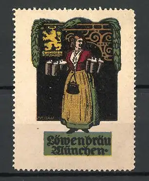 Reklamemarke Löwenbräu München, Wappen und Wirtin mit Bierkrügen