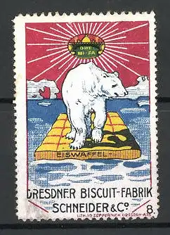 Reklamemarke Eiswaffeln, Dresdner Bisquit-Fabrik Schneider & Co., Bild 8, Eisbär auf einer Waffel-Scholle