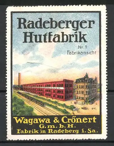 Reklamemarke Raderberger Hutfabrik Wagawa & Crönert GmbH, Bild 1, Fabrikansicht