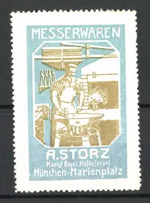 Reklamemarke Messerwaren der Firma A. Storz, Marienplatz, München, Schmied am Amboss