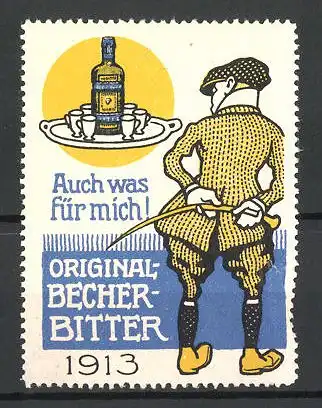 Reklamemarke Original Becher-Bitter ist auch was für mich!, Jockey mit Reitgerte, Likörflasche auf einem Tablett