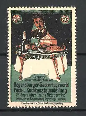 Reklamemarke Regensburg, Gastwirts-, Fach- und Kochkunstausstellung 1912, Mann am gedeckten Tisch