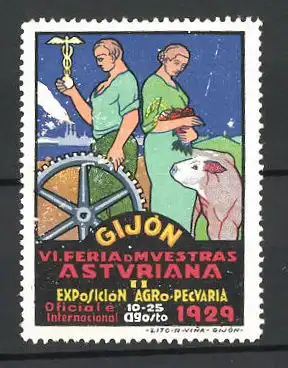 Reklamemarke Gijon, VI. Feria d'Muestras Asturiana, II. Exposicion Agro Pecuaria 1929, Bauern auf dem Feld