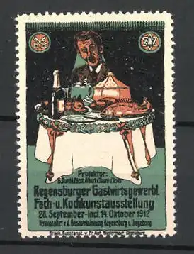 Reklamemarke Regensburg, Gastwirts-, Fach- und Kochkunstausstellung 1912, Mann mit gedecktem Tisch