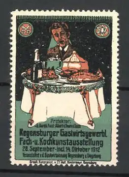 Reklamemarke Regensburg, Gastwirts-, Fach- und Kochkunstausstellung 1912, Mann mit gedecktem Tisch