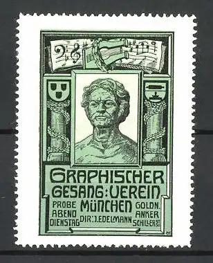 Reklamemarke Graphischer Gesang-Verein München, Dir. J. Edelmann, Büste und Lyra