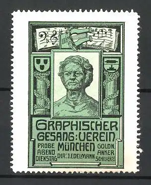Reklamemarke Graphischer Gesang-Verein München, Dir. J. Edelmann, Büste und Lyra