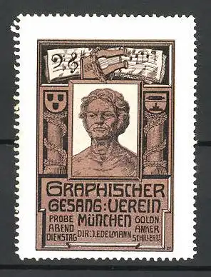 Reklamemarke Graphischer Gesang-Verein München, Dir. J. Edelmann, Büste und Lyra